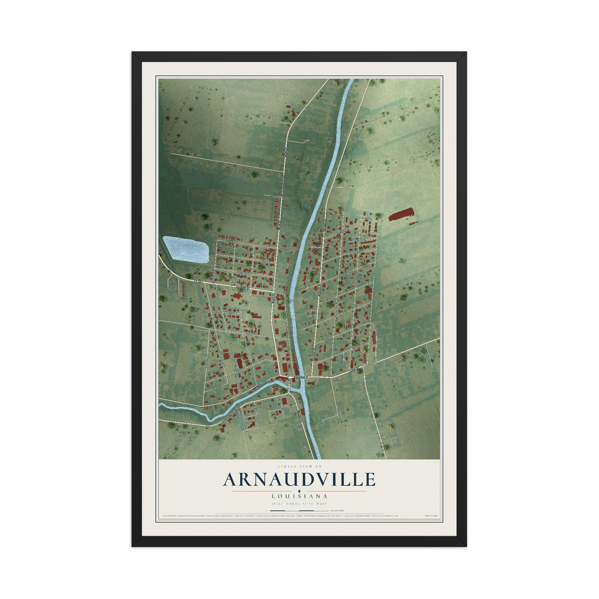 Map of Arnaudville, Louisiana, 12 x 18 inch print in a black wood frame