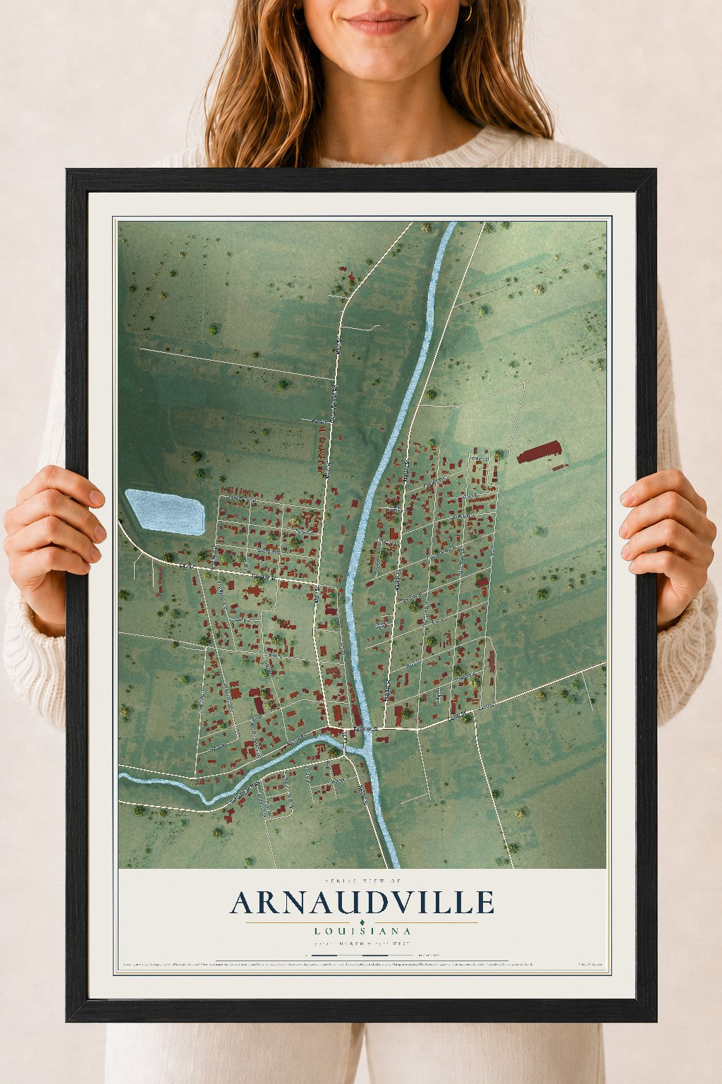Map of Arnaudville, Louisiana, 18 x 24 inch print in a black wood frame