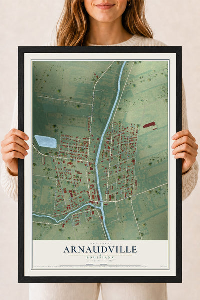 Map of Arnaudville, Louisiana, 18 x 24 inch print in a black wood frame