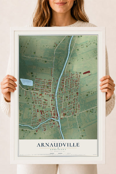 Map of Arnaudville, Louisiana, 18 x 24 inch print in a white wood frame