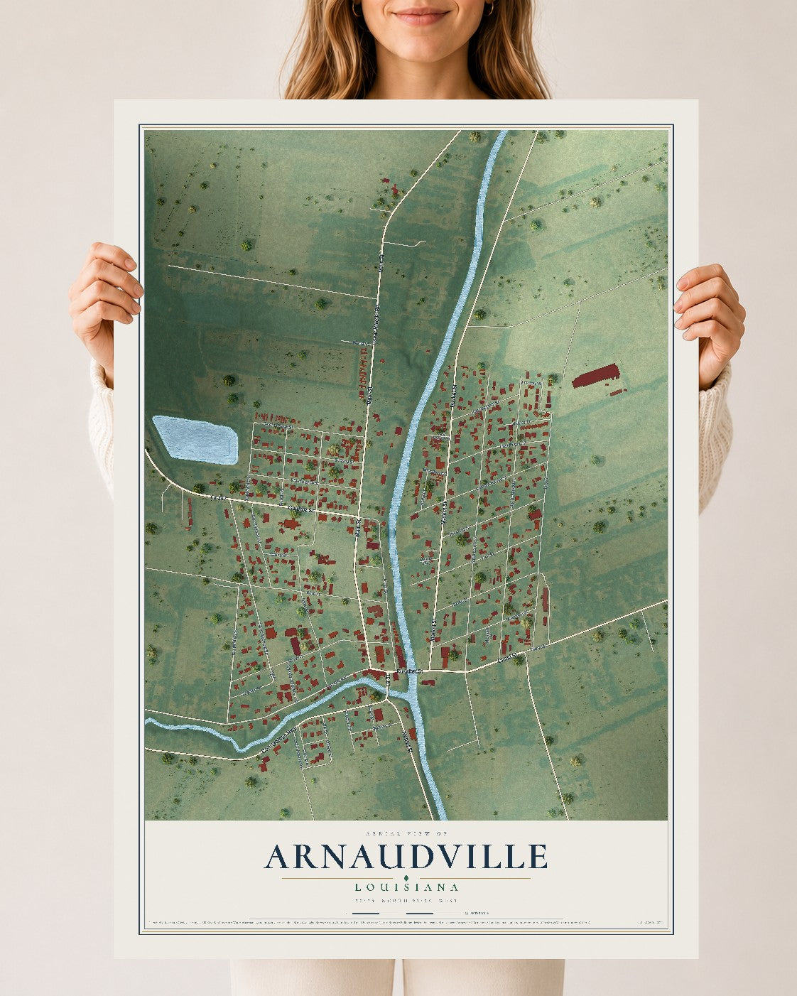 Map of Arnaudville, Louisiana, 24 x 36 inch unframed archival matte print