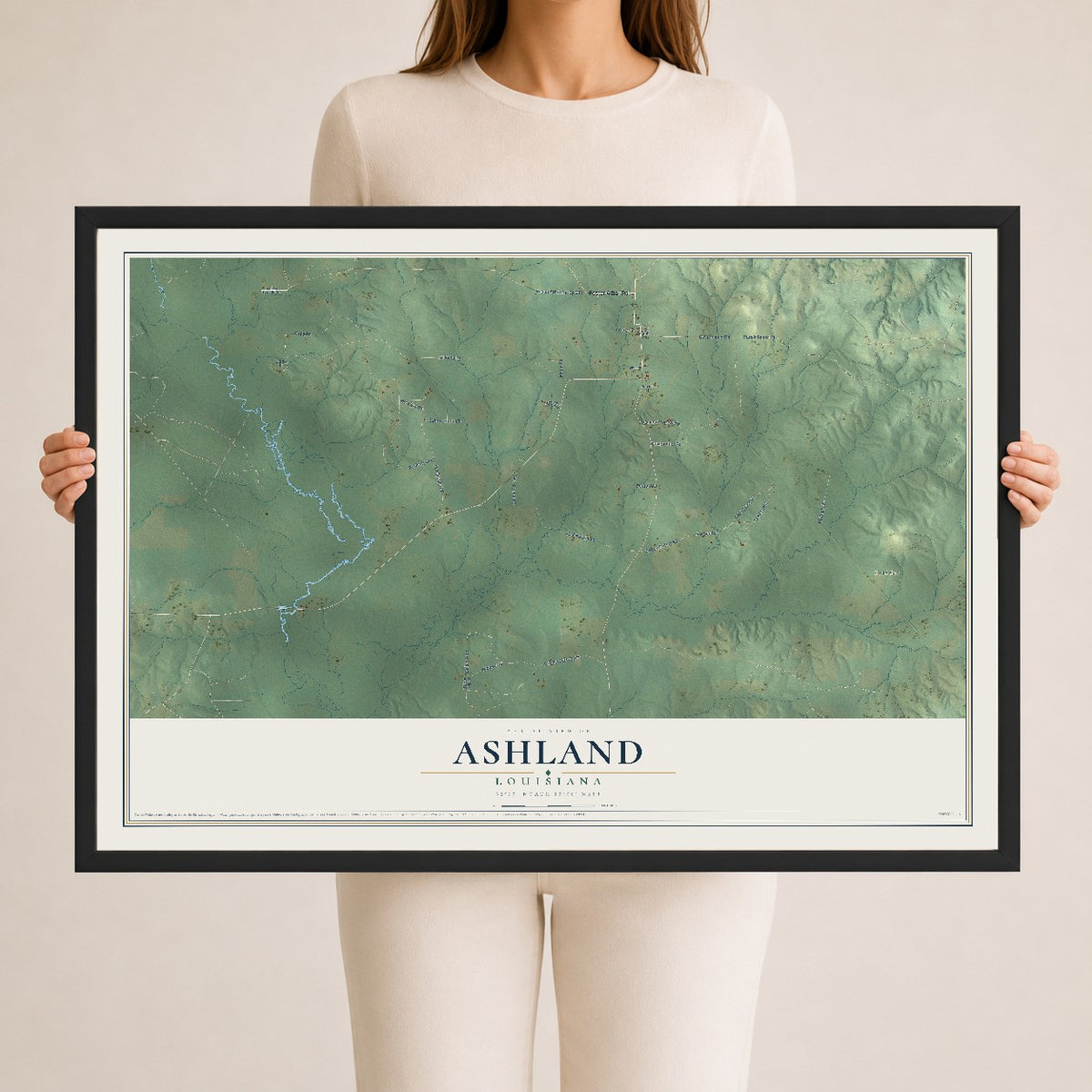 Map of Ashland, Louisiana, 24 x 36 inch print in a black wood frame