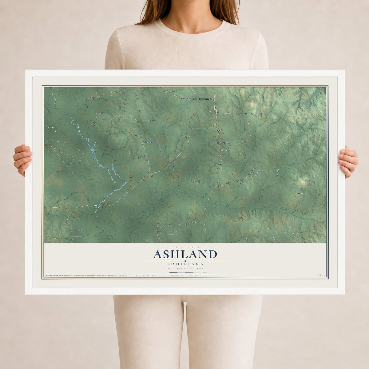 Map of Ashland, Louisiana, 24 x 36 inch print in a white wood frame