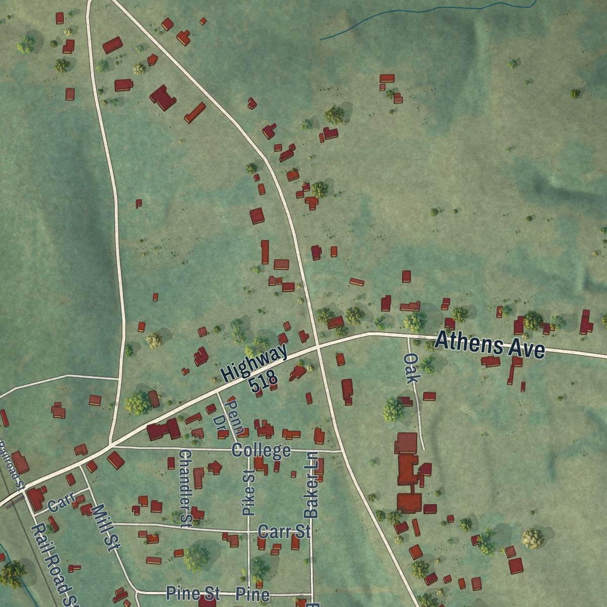 Close-up of the map of Athens, Louisiana print showing street and building detail