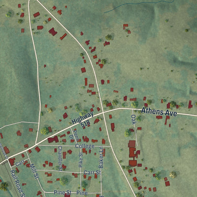 Close-up of the map of Athens, Louisiana print showing street and building detail