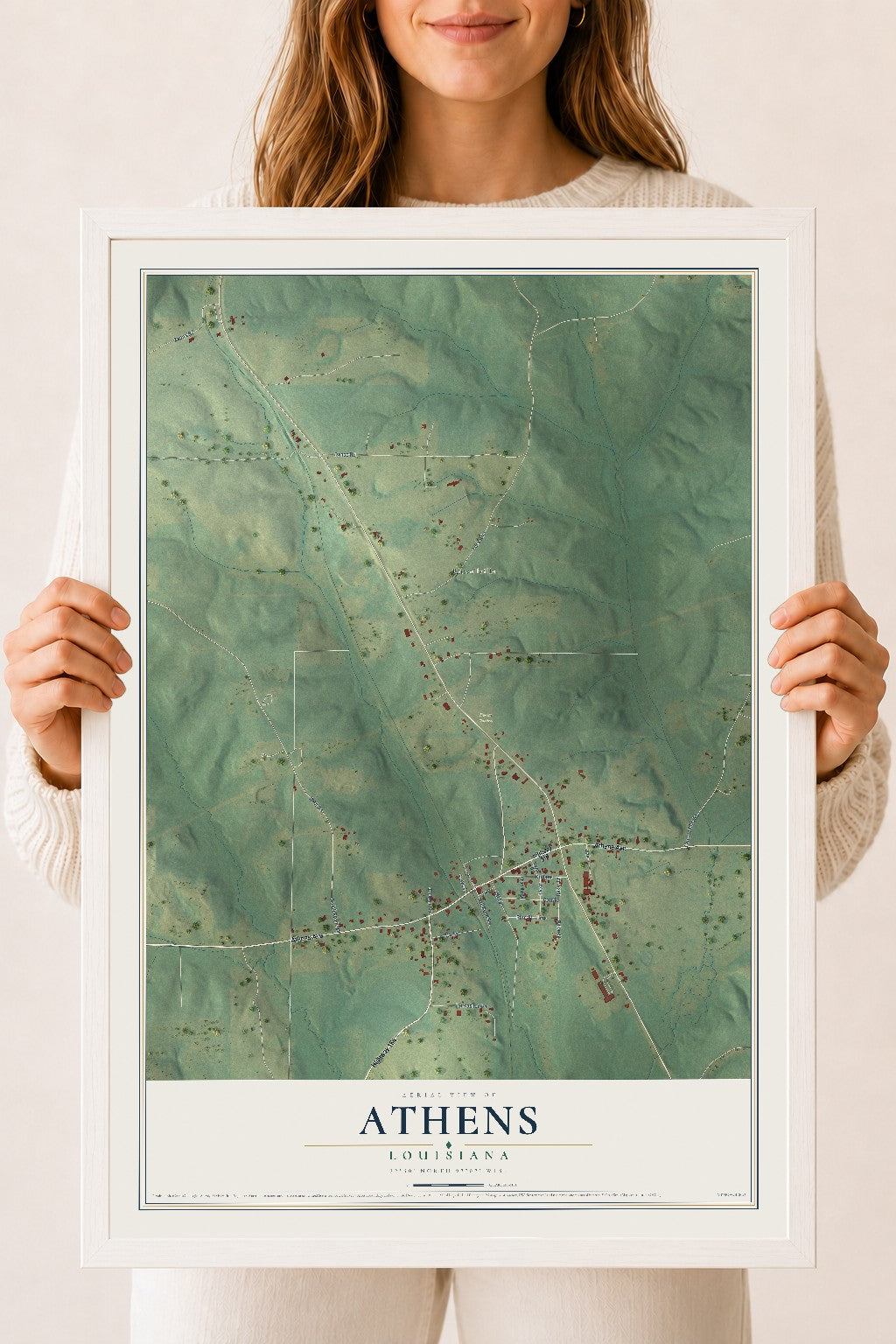Map of Athens, Louisiana, 18 x 24 inch print in a white wood frame