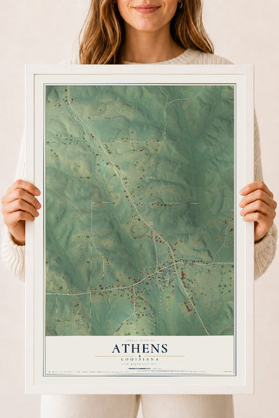 Map of Athens, Louisiana, 18 x 24 inch print in a white wood frame