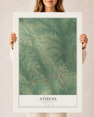 Map of Athens, Louisiana, 24 x 36 inch print in a white wood frame