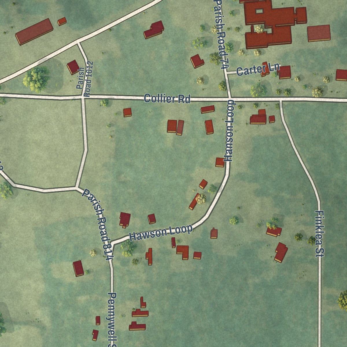 Close-up of the map of Atlanta, Louisiana print showing street and building detail