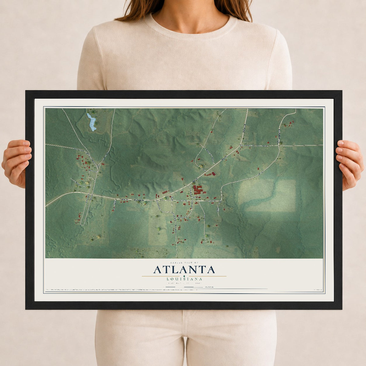 Map of Atlanta, Louisiana, 12 x 18 inch print in a black wood frame