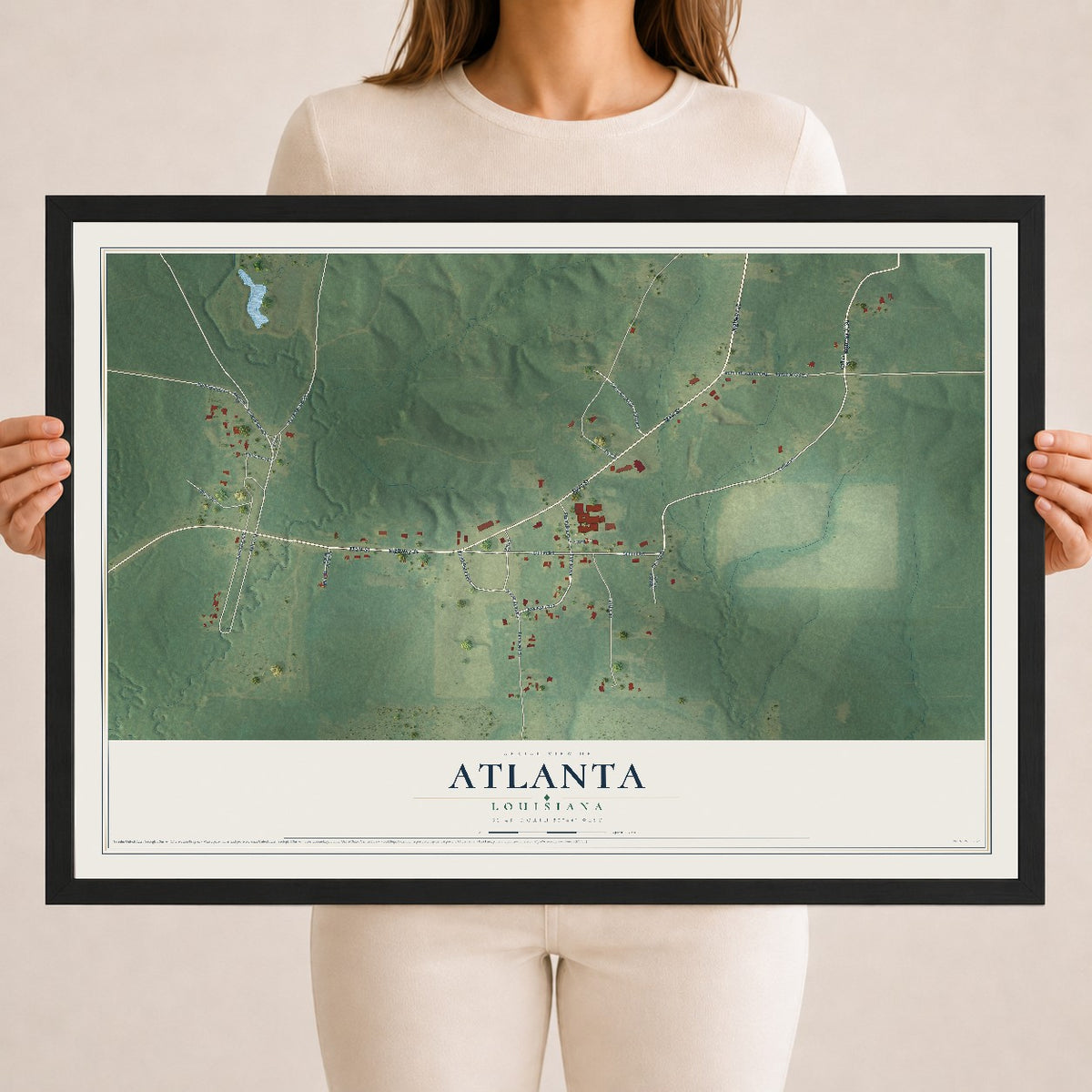 Map of Atlanta, Louisiana, 18 x 24 inch print in a black wood frame