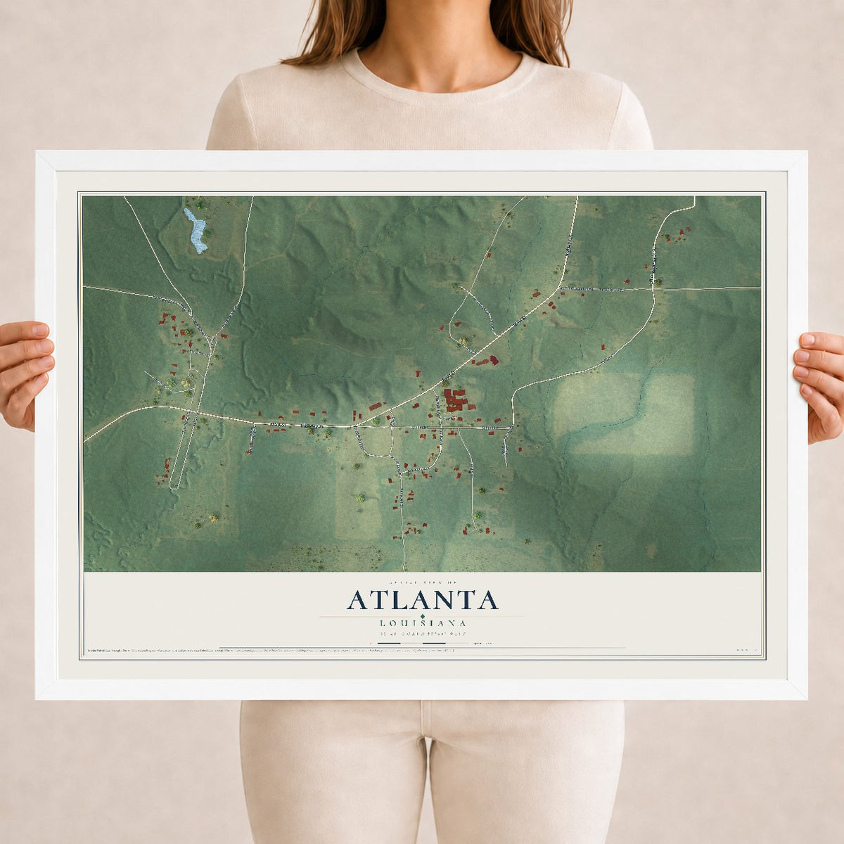 Map of Atlanta, Louisiana, 18 x 24 inch print in a white wood frame