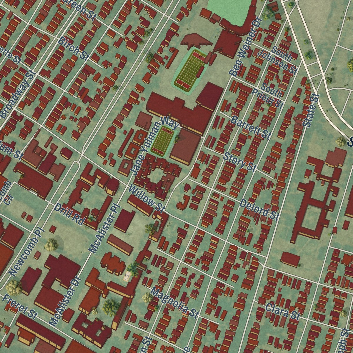 Second close-up of the map of Audubon - University, Louisiana print showing more streets and buildings