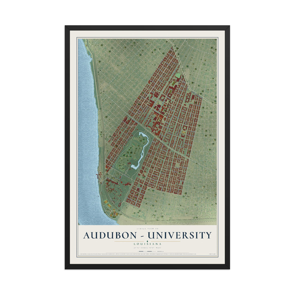 Map of Audubon - University, Louisiana, 12 x 18 inch print in a black wood frame