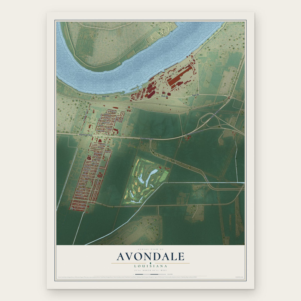 Avondale, Louisiana map print, the full design