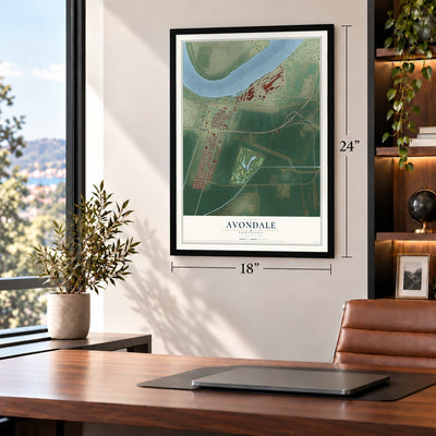 Avondale, Louisiana map, 18 x 24 inch print in a black frame in a home office