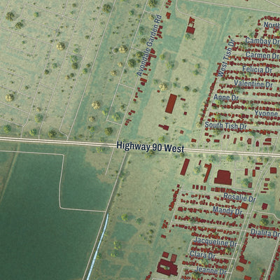Close-up of the map of Avondale, Louisiana print showing street and building detail