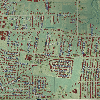 Close-up of the map of Baker, Louisiana print showing street and building detail