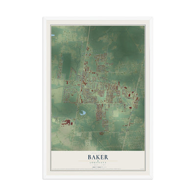 Map of Baker, Louisiana, 12 x 18 inch print in a white wood frame
