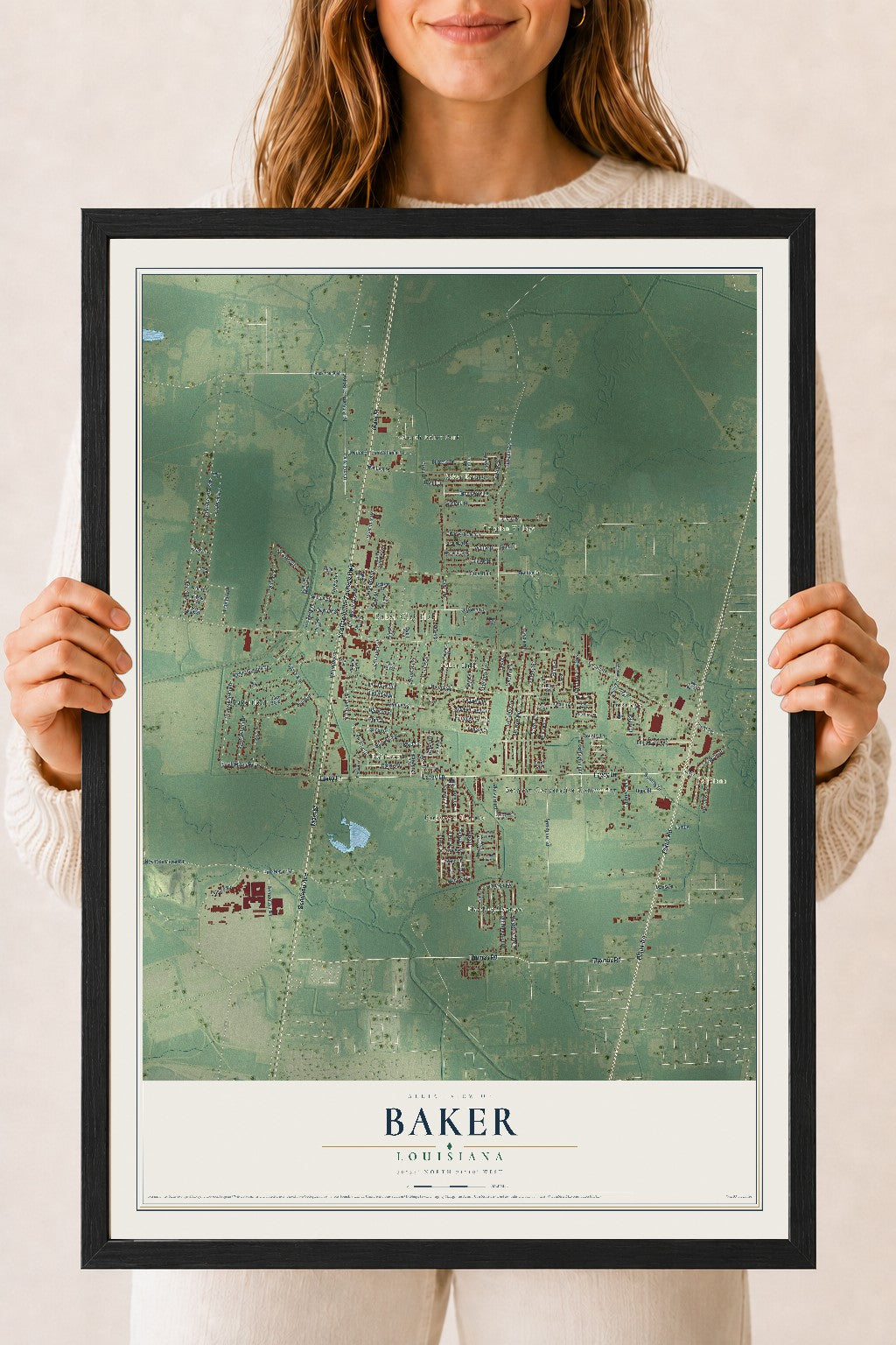 Map of Baker, Louisiana, 18 x 24 inch print in a black wood frame