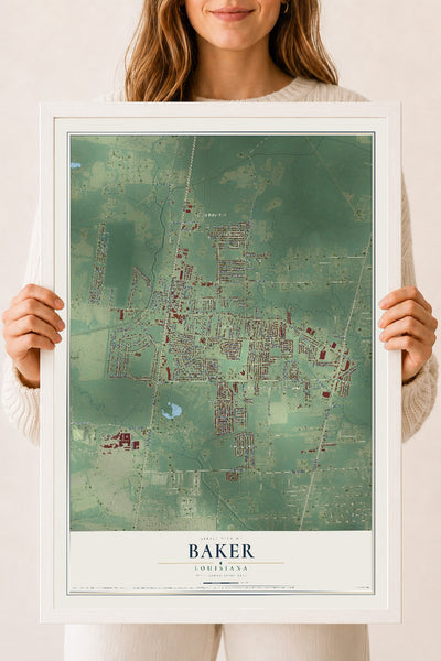 Map of Baker, Louisiana, 18 x 24 inch print in a white wood frame