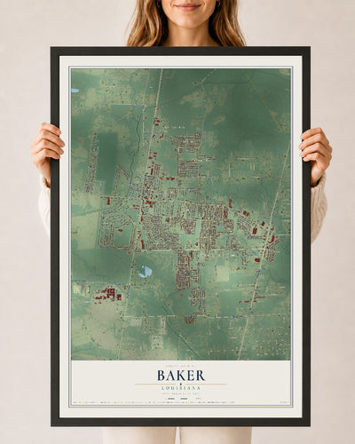 Map of Baker, Louisiana, 24 x 36 inch print in a black wood frame