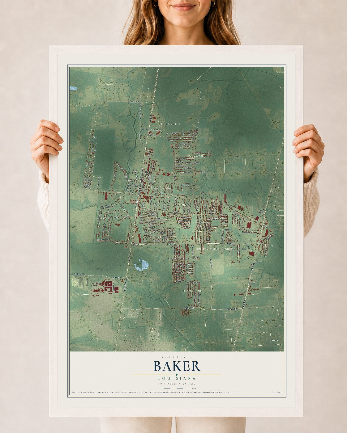 Map of Baker, Louisiana, 24 x 36 inch print in a white wood frame