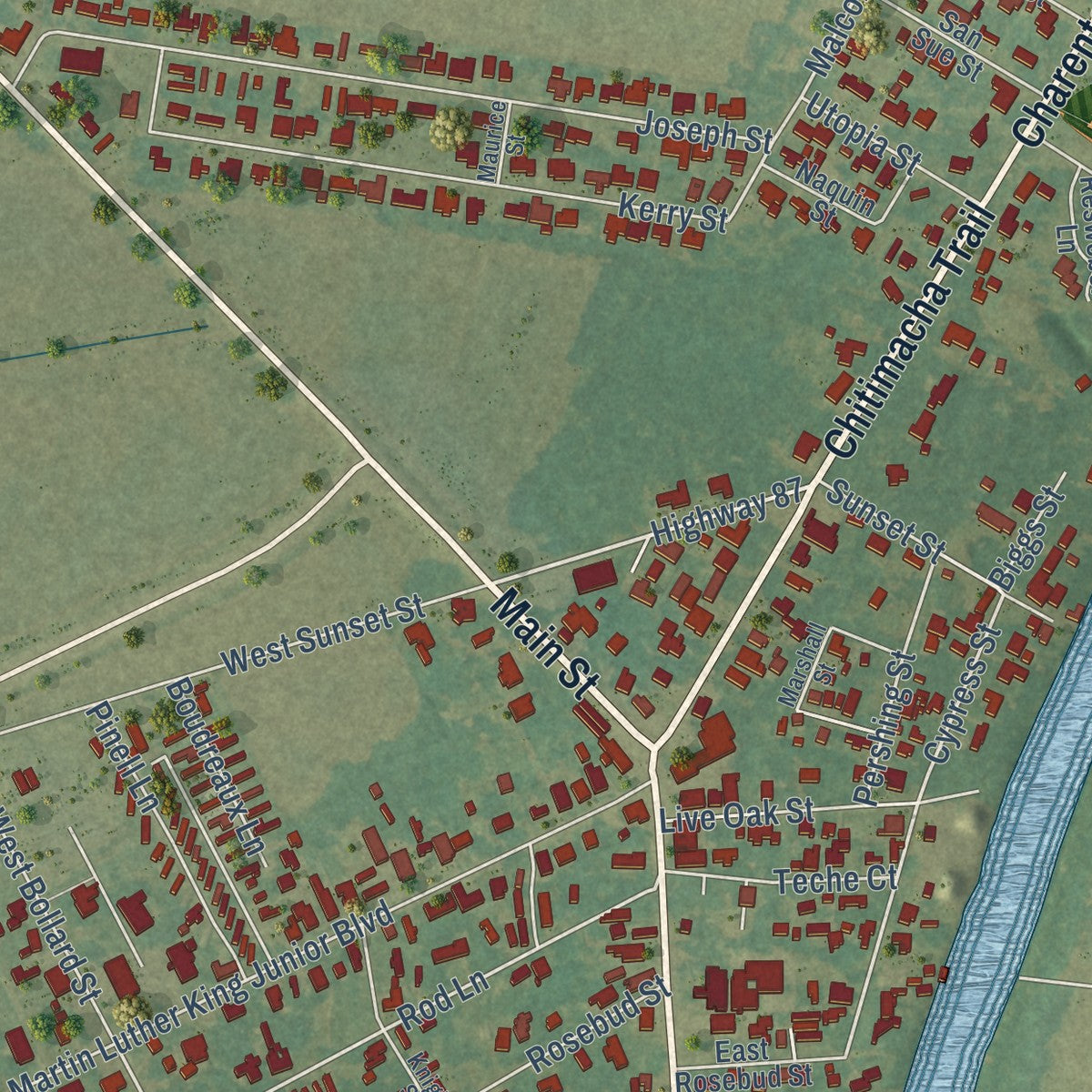 Close-up of the map of Baldwin, Louisiana print showing street and building detail