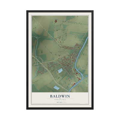 Map of Baldwin, Louisiana, 12 x 18 inch print in a black wood frame
