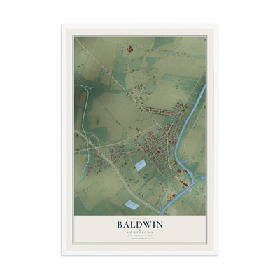 Map of Baldwin, Louisiana, 12 x 18 inch print in a white wood frame