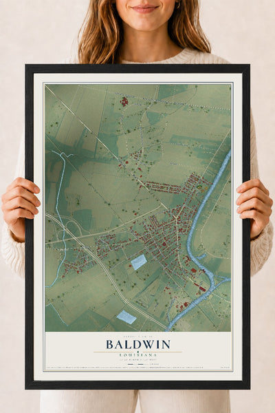 Map of Baldwin, Louisiana, 18 x 24 inch print in a black wood frame