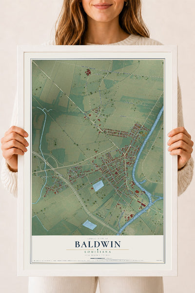 Map of Baldwin, Louisiana, 18 x 24 inch print in a white wood frame