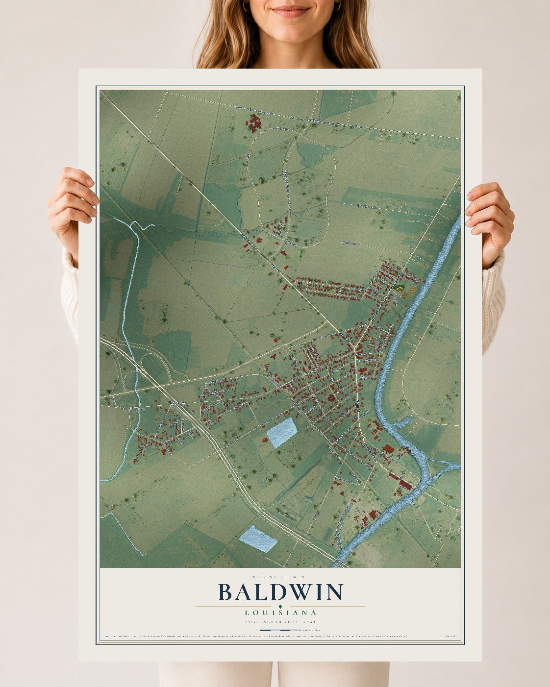 Map of Baldwin, Louisiana, 24 x 36 inch unframed archival matte print
