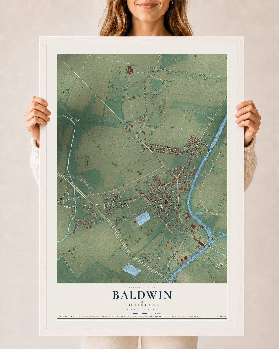 Map of Baldwin, Louisiana, 24 x 36 inch print in a white wood frame