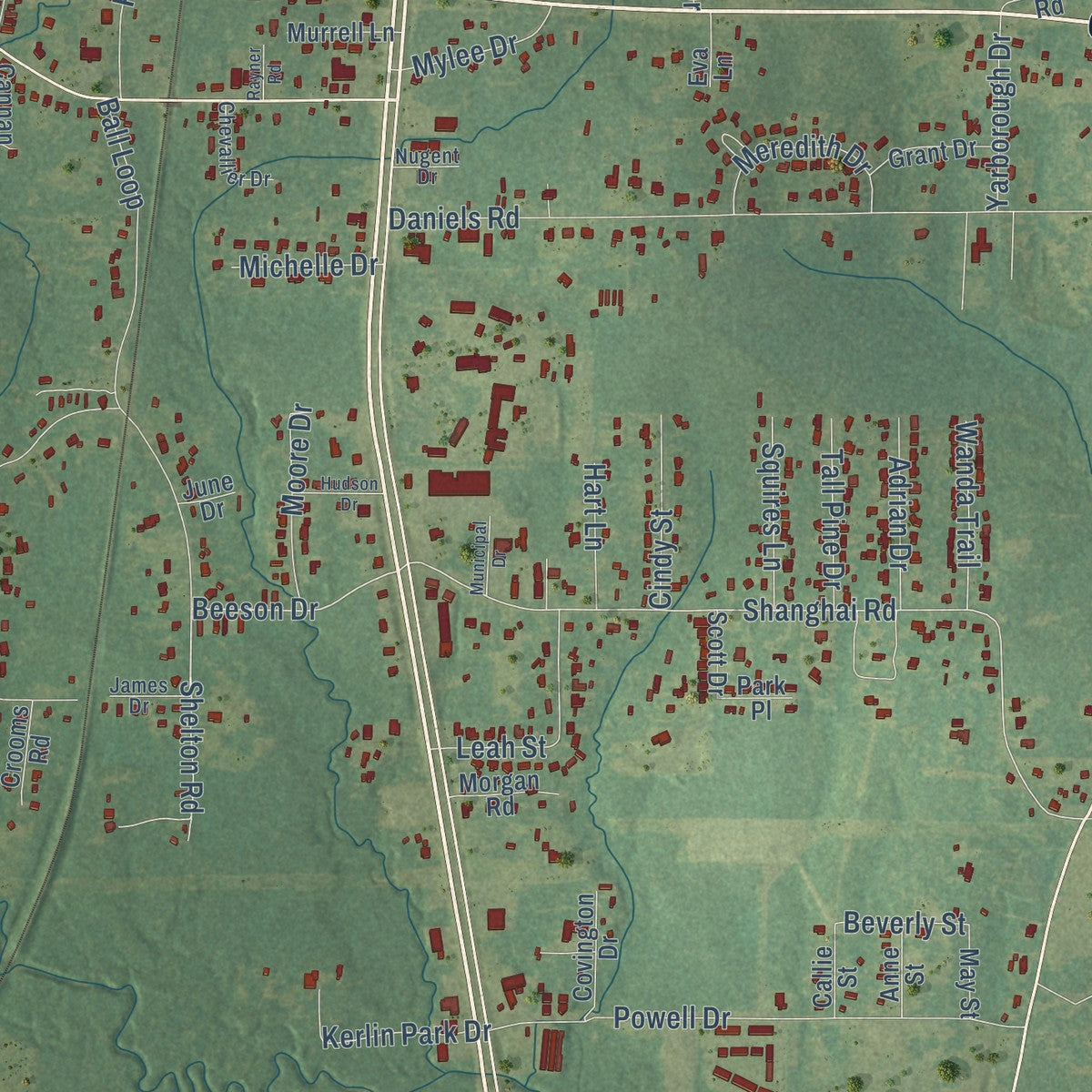 Close-up of the map of Ball, Louisiana print showing street and building detail
