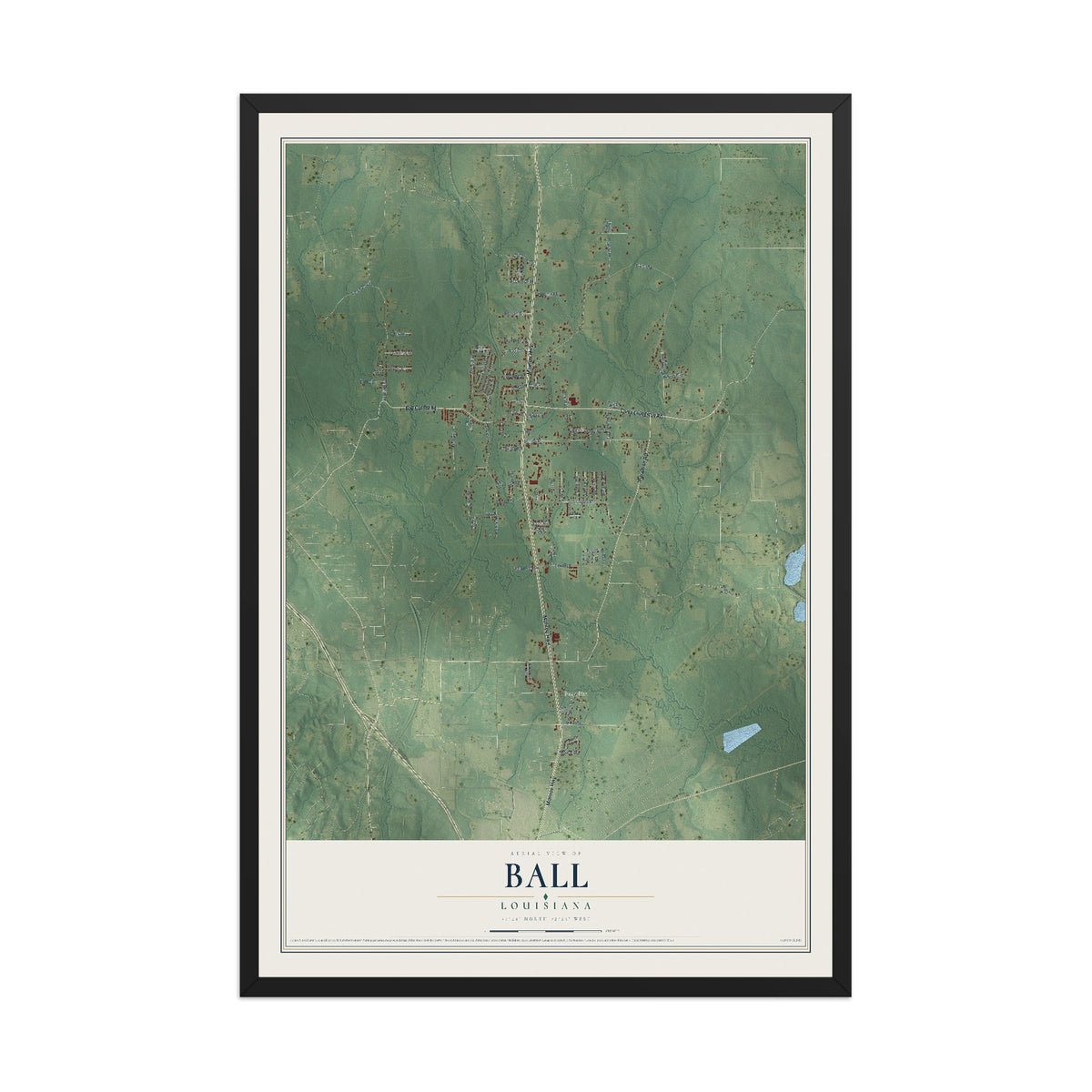 Map of Ball, Louisiana, 12 x 18 inch print in a black wood frame