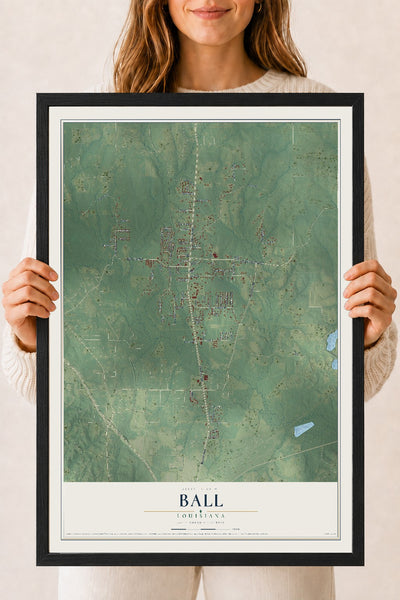 Map of Ball, Louisiana, 18 x 24 inch print in a black wood frame