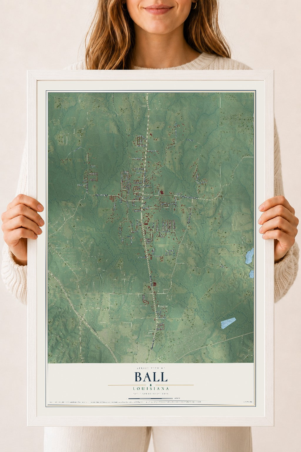 Map of Ball, Louisiana, 18 x 24 inch print in a white wood frame