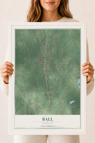 Map of Ball, Louisiana, 18 x 24 inch print in a white wood frame