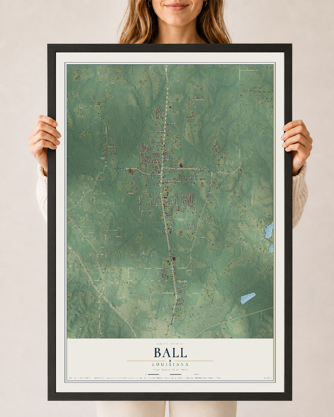 Map of Ball, Louisiana, 24 x 36 inch print in a black wood frame