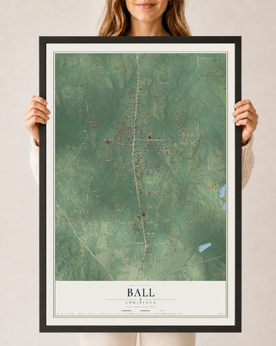 Map of Ball, Louisiana, 24 x 36 inch print in a black wood frame