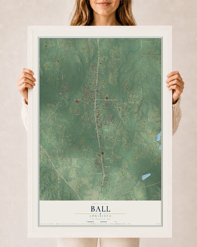 Map of Ball, Louisiana, 24 x 36 inch print in a white wood frame