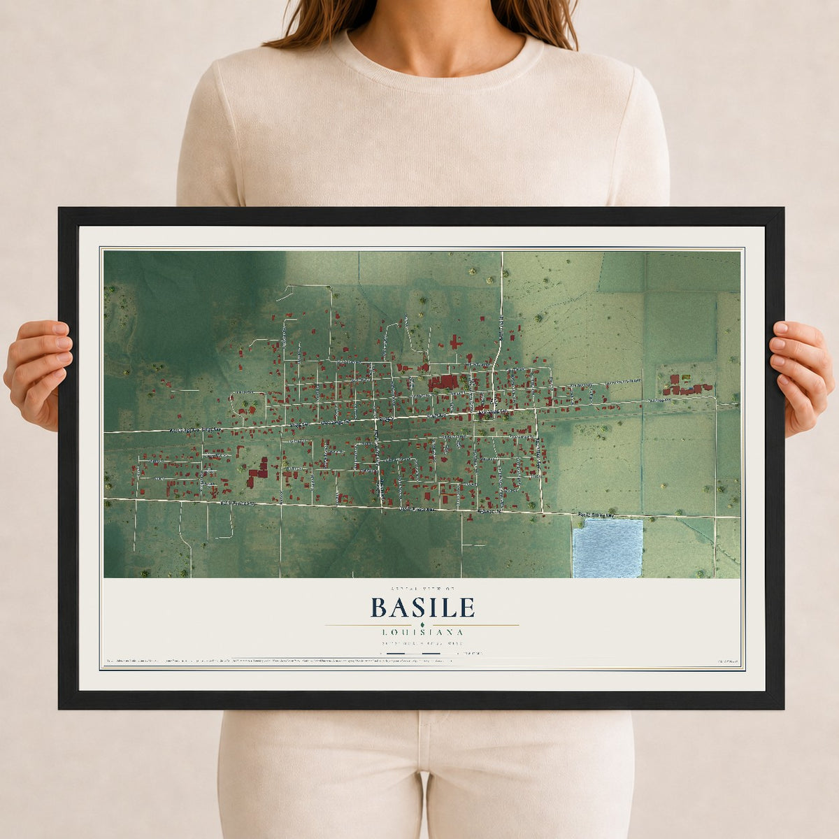 Map of Basile, Louisiana, 12 x 18 inch print in a black wood frame