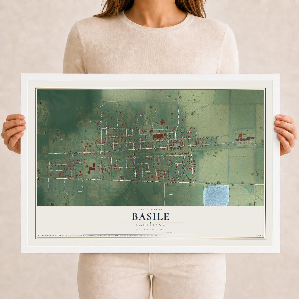 Map of Basile, Louisiana, 12 x 18 inch print in a white wood frame