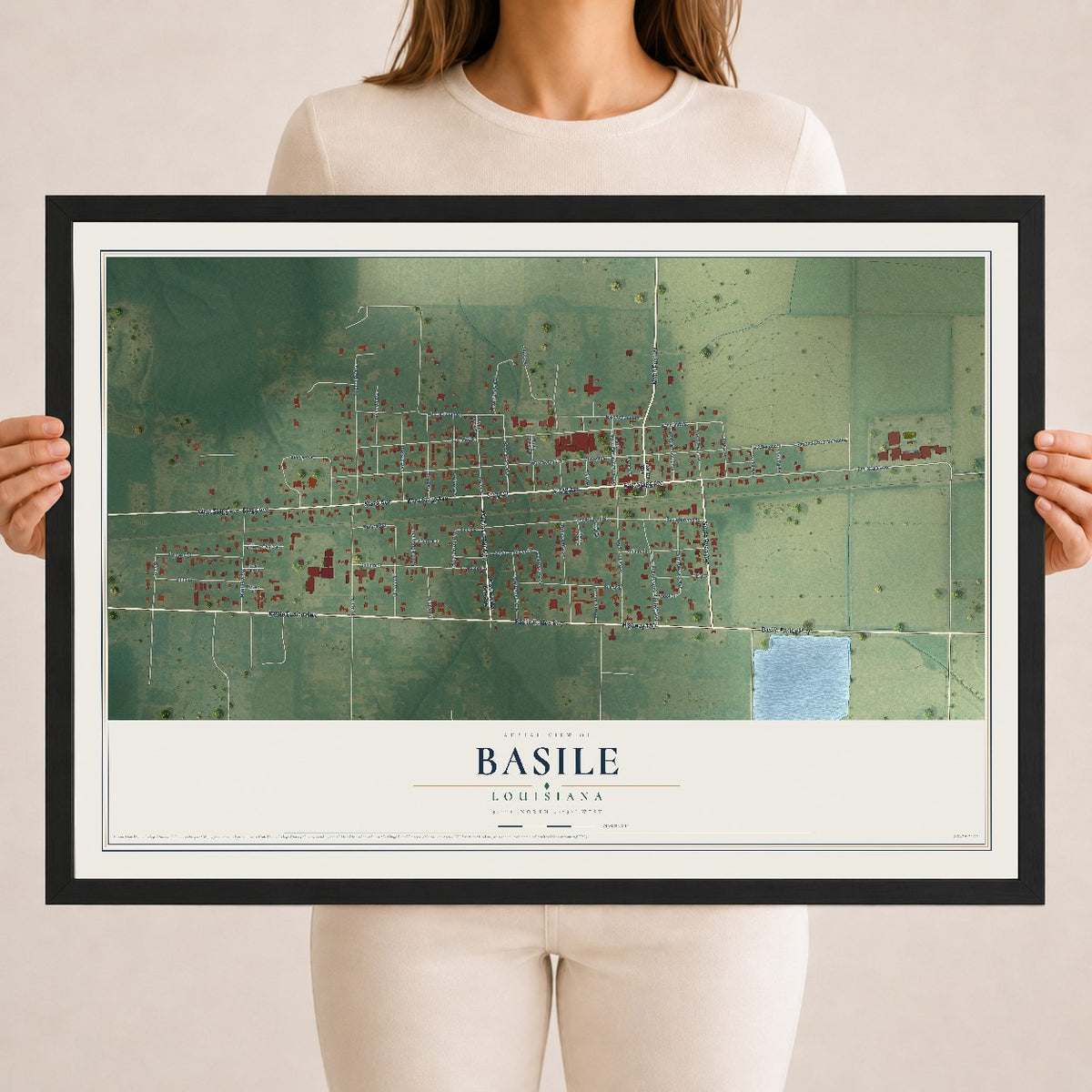 Map of Basile, Louisiana, 18 x 24 inch print in a black wood frame