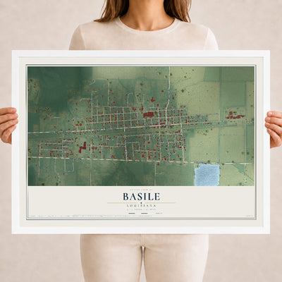 Map of Basile, Louisiana, 18 x 24 inch print in a white wood frame