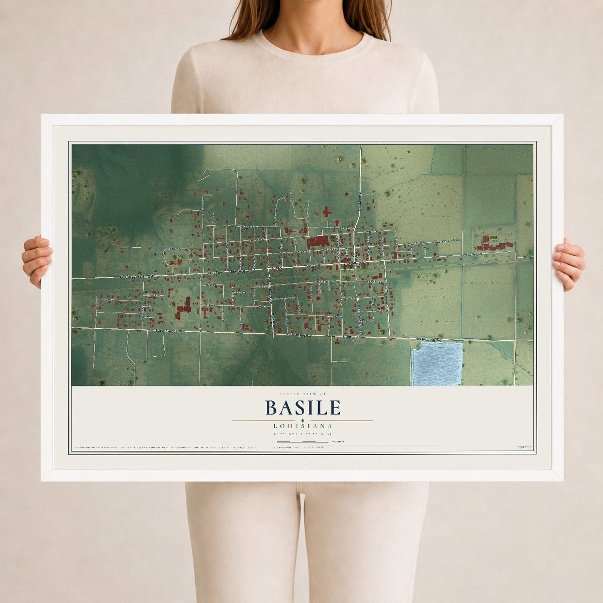 Map of Basile, Louisiana, 24 x 36 inch print in a white wood frame