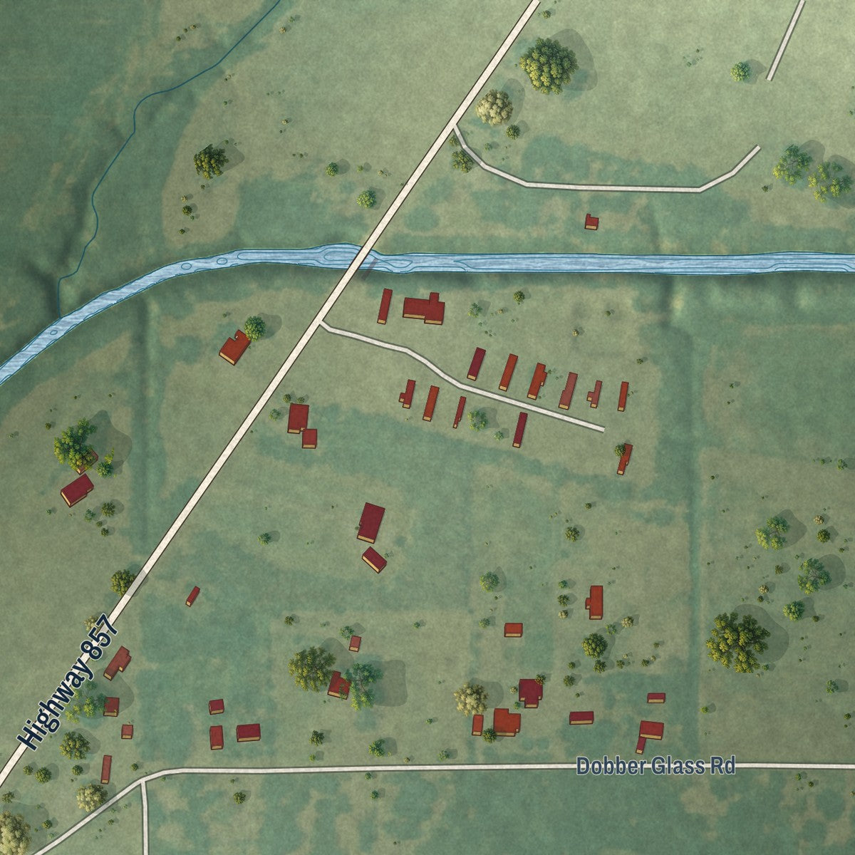 Second close-up of the map of Baskin, Louisiana print showing more streets and buildings