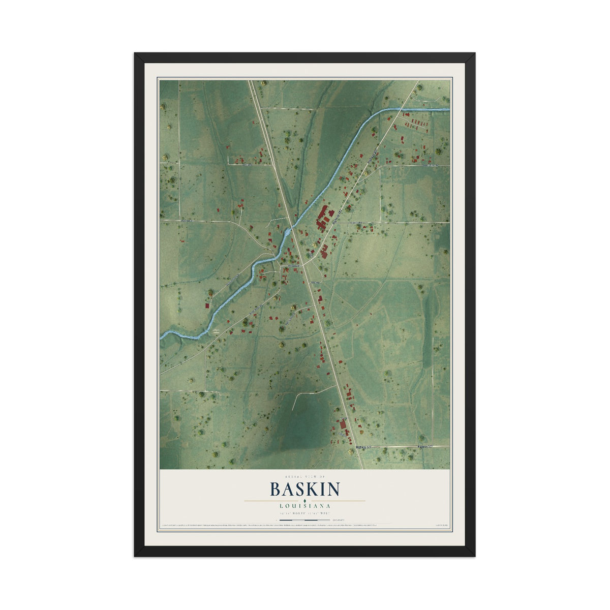 Map of Baskin, Louisiana, 12 x 18 inch print in a black wood frame