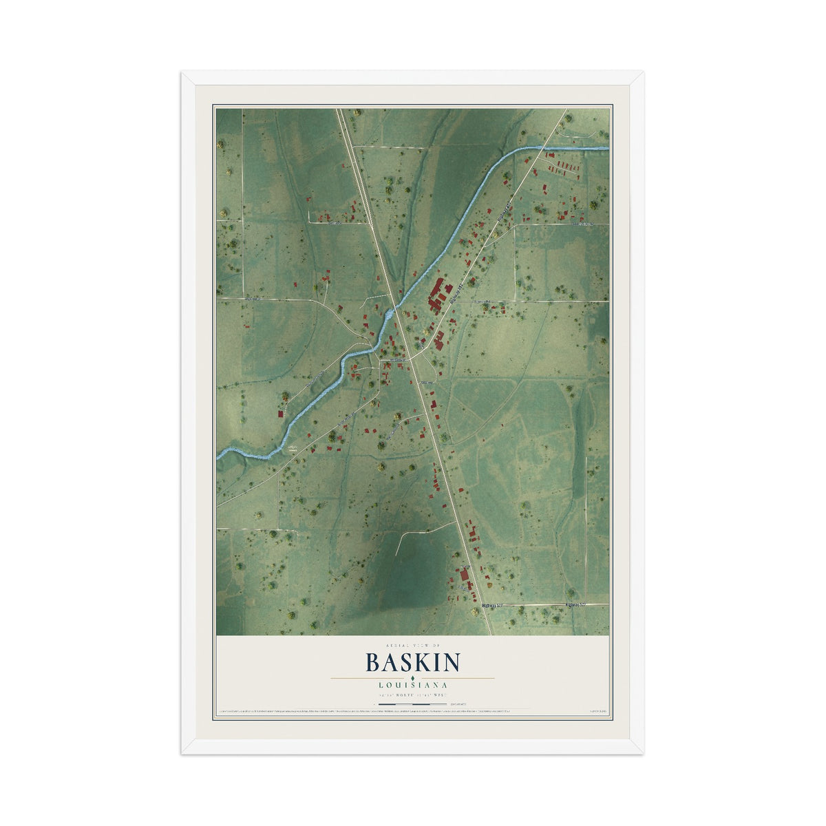 Map of Baskin, Louisiana, 12 x 18 inch print in a white wood frame